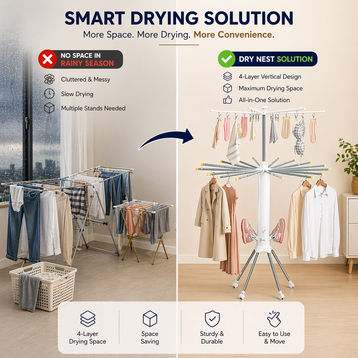 4-Layer Foldable 360° Rotating Laundry Drying Rack