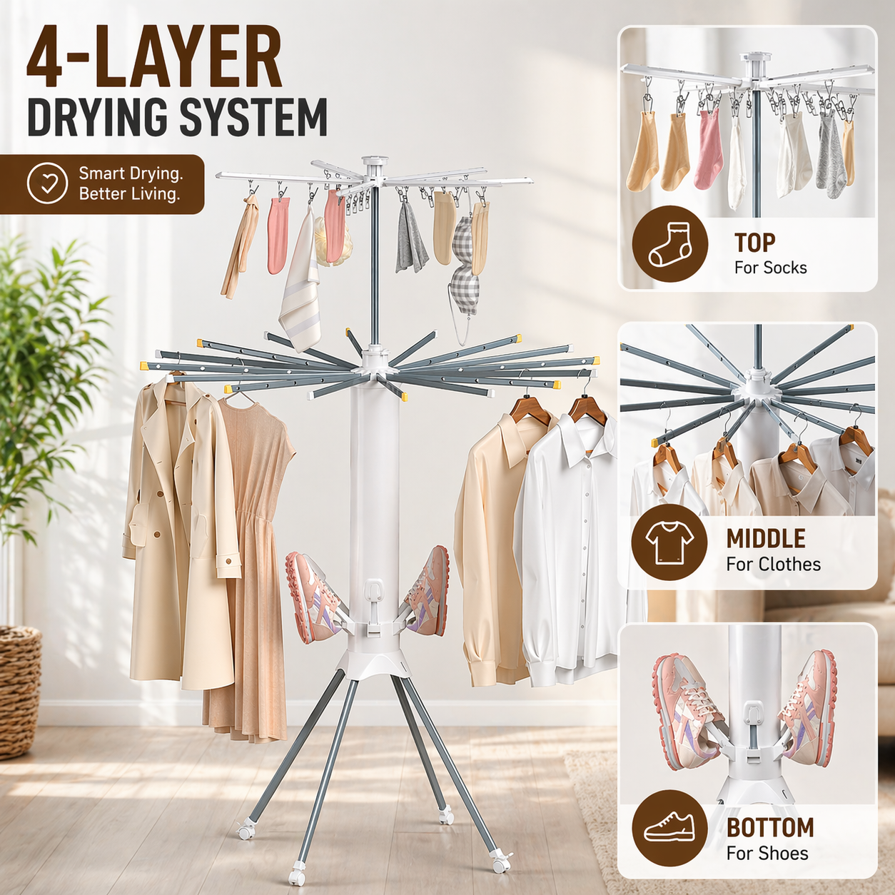 4-Layer Foldable 360° Rotating Laundry Drying Rack