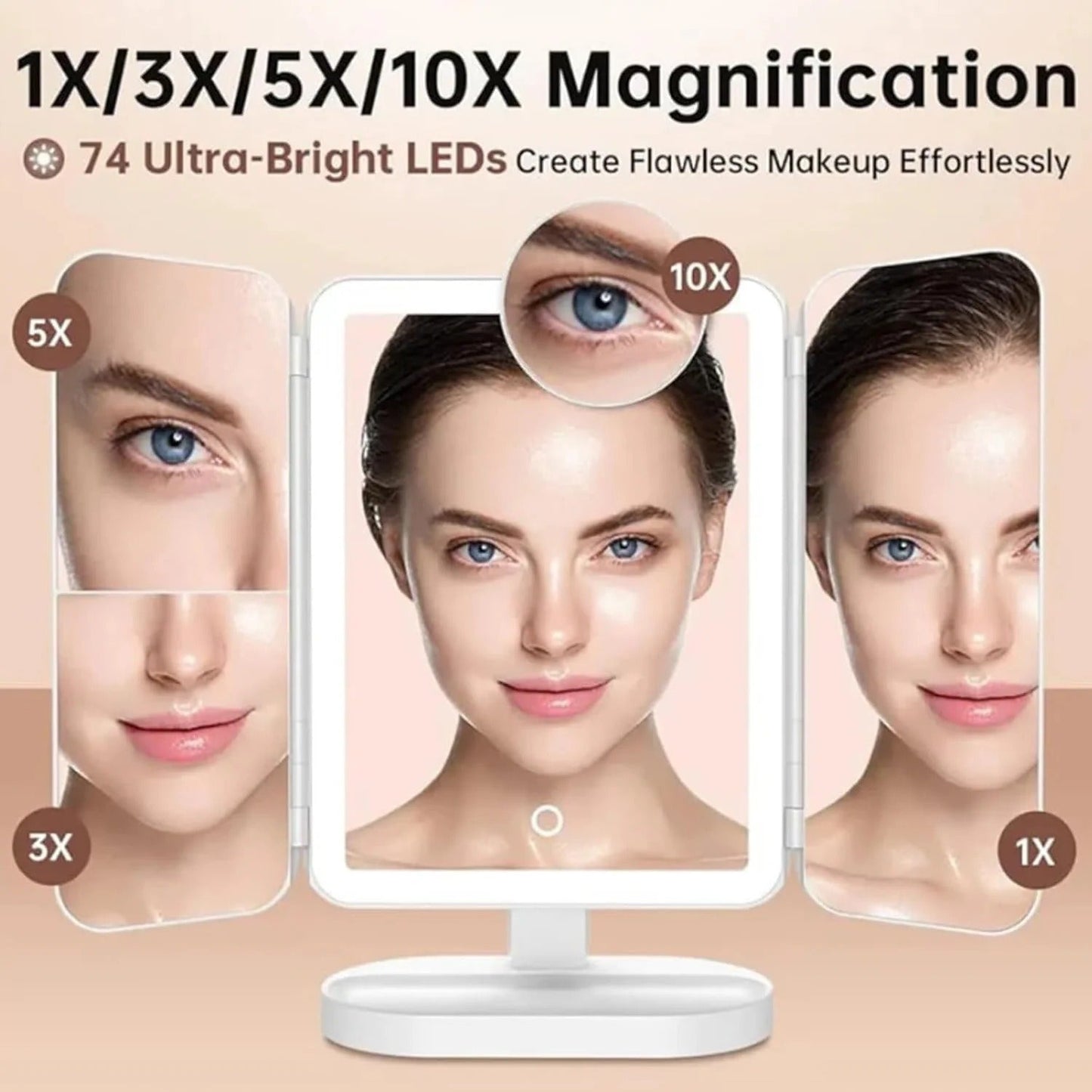 TriFold LED Makeup Mirror with 10X Magnification